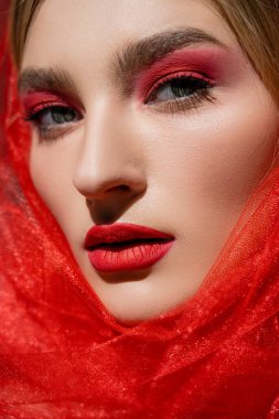 Close up view of young woman with red eye shadow and tulle cloth looking at camera  clipart