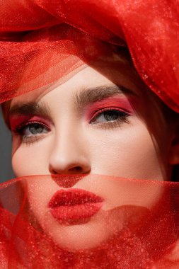 Gri renkli, bulanık tül kumaşın yanındaki kameraya bakan genç bir model. 