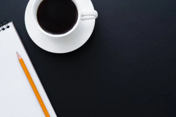 Top View Cup Coffee Notebook Pencil Black — стоковое фото