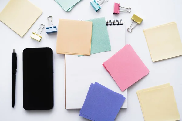 Top View Smartphone Blank Screen Pen Stationery White — Foto de Stock