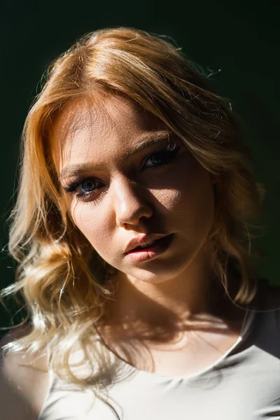 Portrait Young Sensual Woman Wavy Hair Looking Camera Lighting Dark — 스톡 사진
