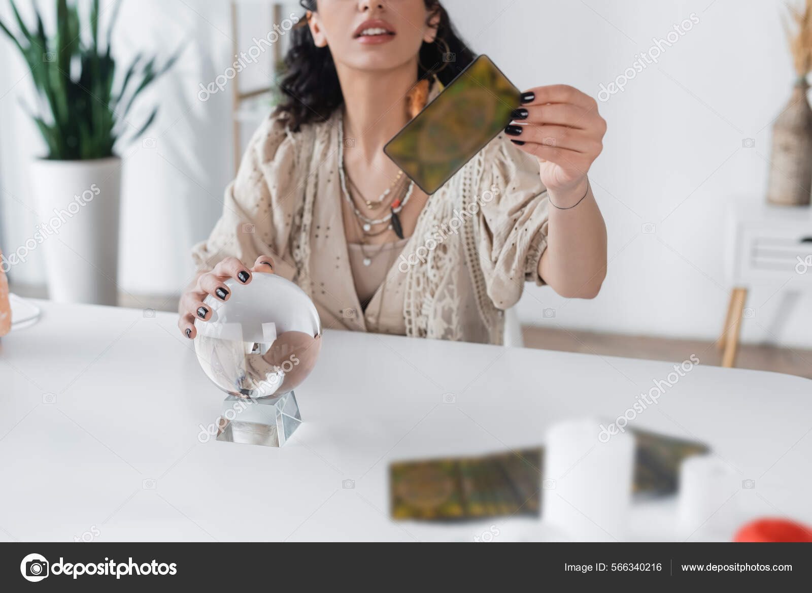 Cropped View Fortune Teller Holding Tarot Card Orb Home Stock Photo by