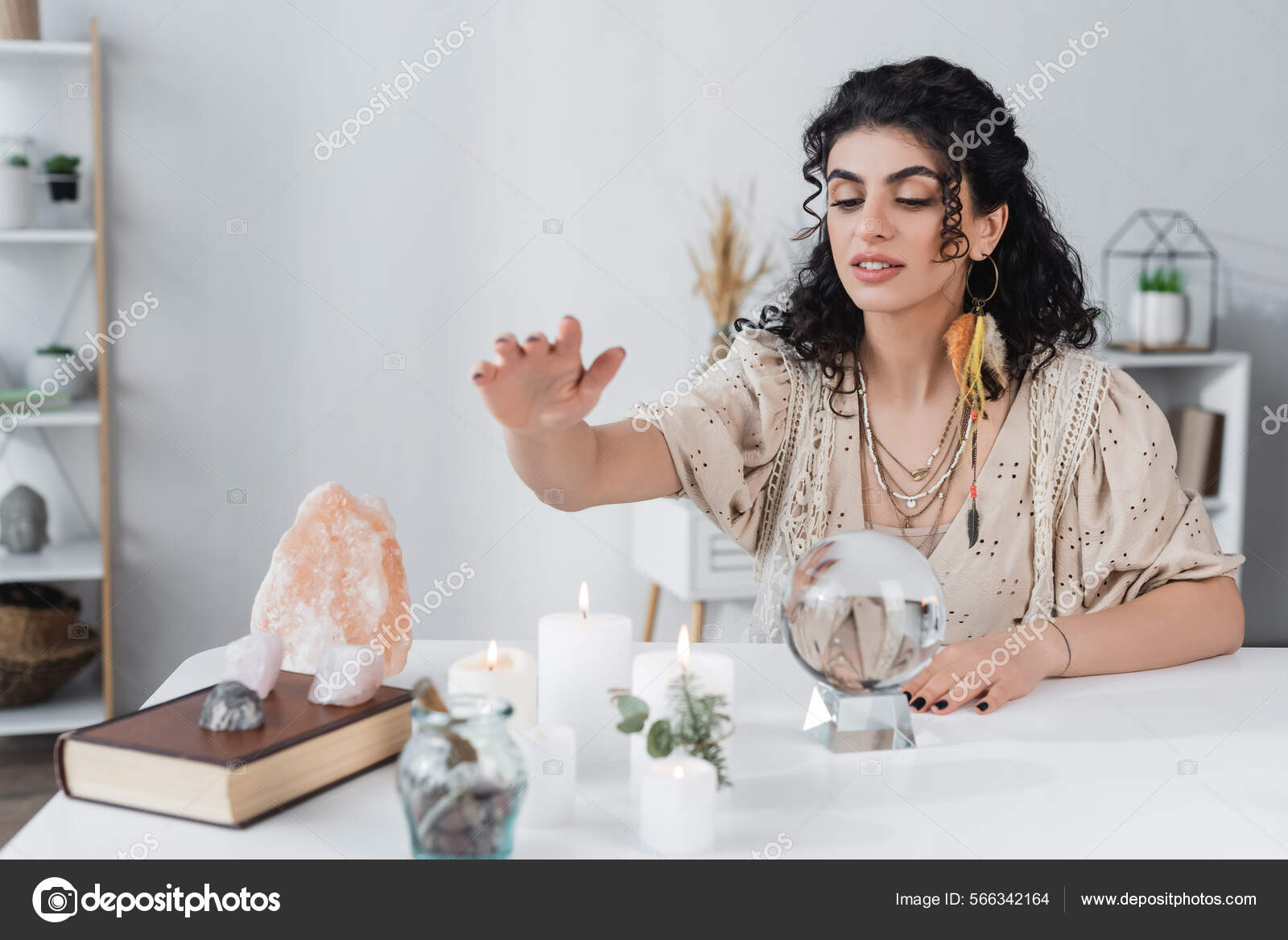 Gypsy Fortune Teller Sitting Magic Orb Candles Book Home Stock Photo by