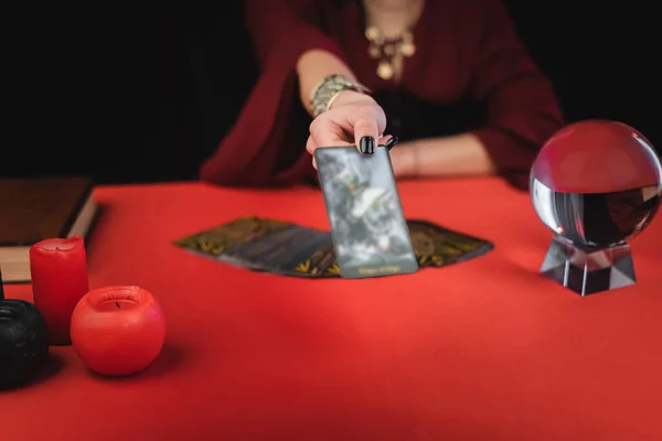 Cropped View Blurred Medium Showing Tarot Card Candles Orb Isolated — Foto de Stock