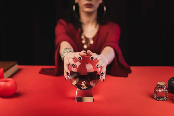 Cropped View Blurred Soothsayer Touching Magic Orb Isolated Black — Fotografia de Stock