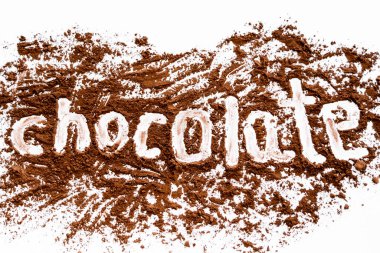 Top view of chocolate lettering in dry cocoa on white background  clipart