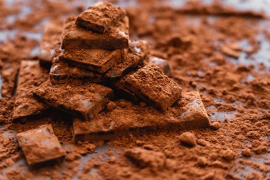 Close up view of cocoa powder and dark chocolate on black background  clipart