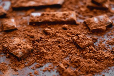 Close up view of natural dry cocoa and chocolate on black background  clipart
