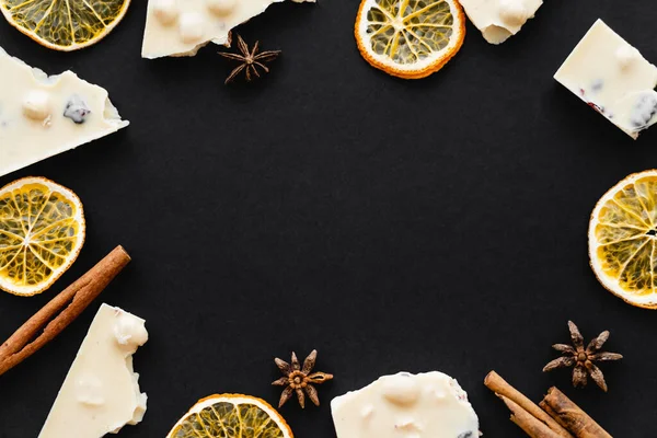 Top View Frame White Chocolate Dry Orange Slices Spices Black — Stock Photo, Image