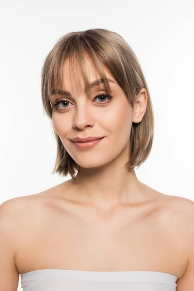 Cheerful Young Woman Bare Shoulders Looking Camera Isolated White — Foto de Stock