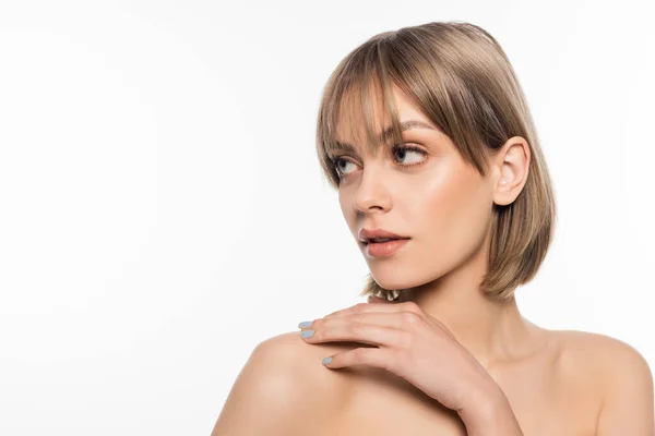 Young Woman Touching Bare Shoulder Looking Away Isolated White — Stok fotoğraf