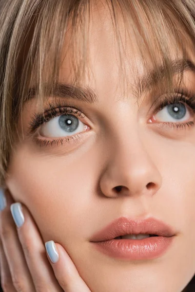 Young Woman Bangs Blue Eyes Looking Isolated White — Stock Photo, Image