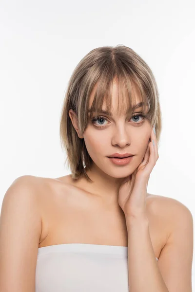 Young Woman Bare Shoulders Touching Cheek Isolated White — Stok Foto