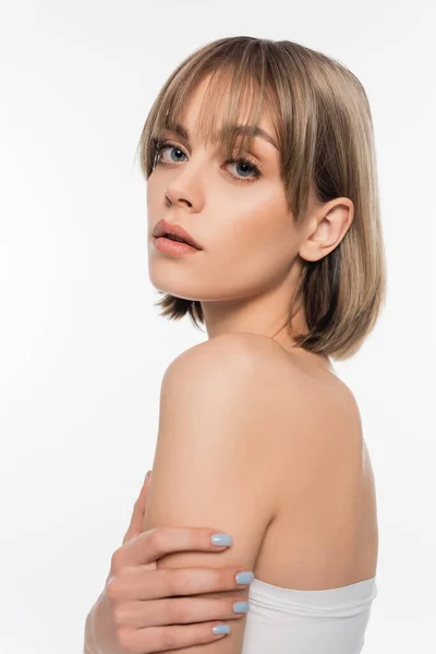Young Model Makeup Bare Shoulder Looking Camera Isolated White — Fotografia de Stock