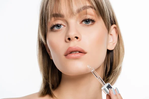 Young Woman Bangs Applying Serum Isolated White — Stok fotoğraf