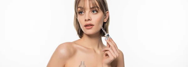 Young Woman Bangs Holding Bottle Serum Pipette Isolated White Banner — 스톡 사진