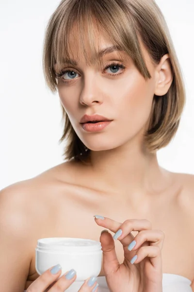 Young Woman Bangs Holding Container Face Cream Isolated White — Stockfoto