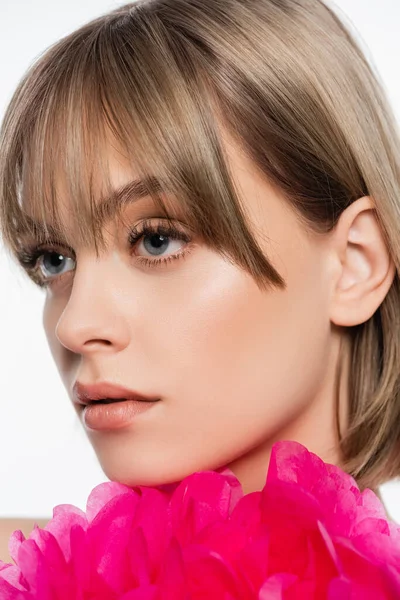 Young Woman Bangs Bright Pink Decorative Flower Isolated White — Foto Stock