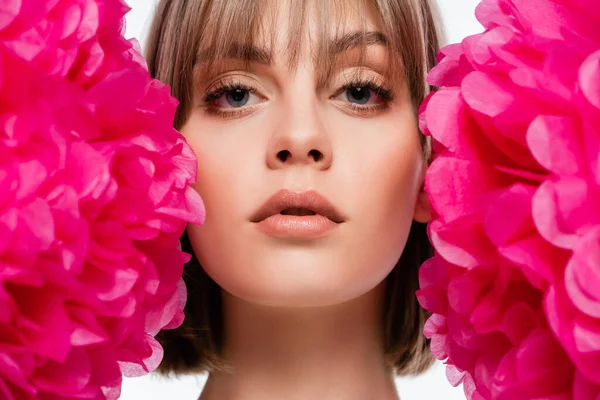 Blonde Young Woman Bangs Looking Camera Bright Pink Flowers Isolated — Stock Photo, Image