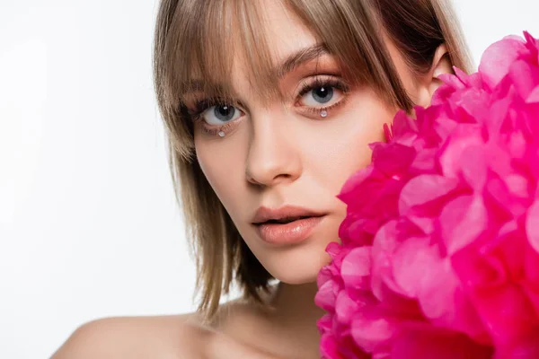 Young Woman Bangs Rhinestones Blue Eyes Pink Flower Isolated White — Foto de Stock