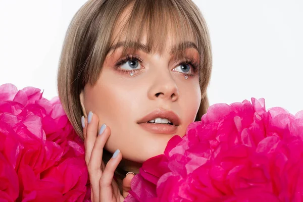 Young Woman Rhinestones Blue Eyes Looking Away Pink Flowers Isolated — Stockfoto