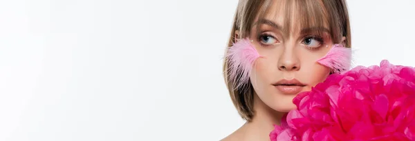 Young Woman Decorative Elements Makeup Pink Feathers Cheeks Bright Flower — Foto de Stock