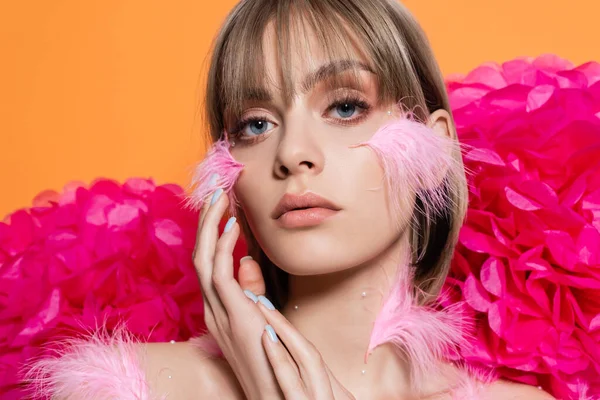 Blonde Young Woman Decorative Elements Makeup Pink Feathers Cheeks Flowers — Stockfoto