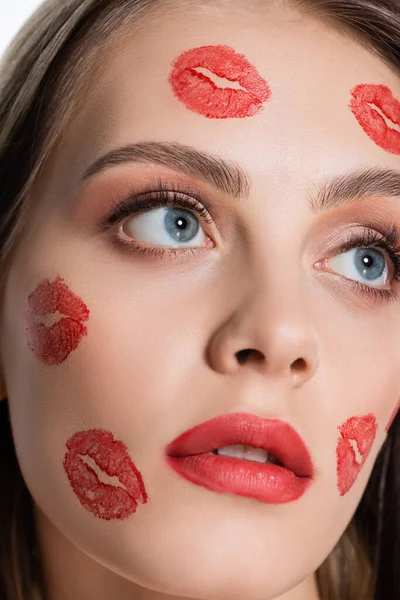 Close View Young Woman Red Kiss Prints Cheeks Looking Away — Stok fotoğraf