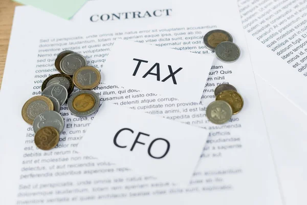 Papers Tax Cfo Lettering Contract Coins — Stock Photo, Image