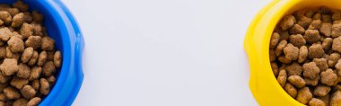 Beyaz pankartta izole edilmiş evcil hayvan mamaları olan mavi ve sarı kâselerin üst görüntüsü