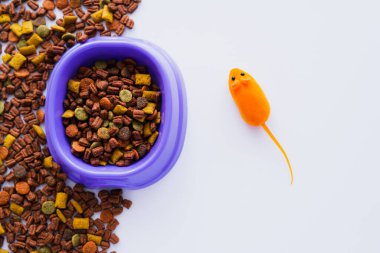 Mor plastik kasenin üst görüntüsü, kedi mamasıyla, beyaz fare tarafından izole edilmiş lastik oyuncak fare.