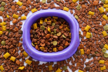 top view of pet dry food around purple bowl  clipart