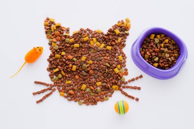 top view of shape of cat made from dry pet food near bowl and toys isolated on white clipart