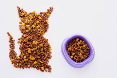Beyaz üzerine izole edilmiş kuru hayvan maması ve kaseden yapılmış kedi şeklinin üst görüntüsü