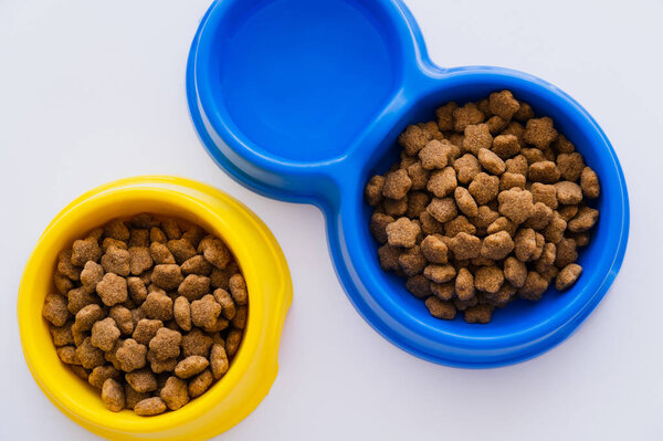 top view of bowls with water and pet food on white