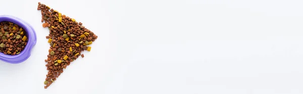 Форма Риби Сухого Корму Домашніх Тварин Поблизу Фіолетової Миски Ізольована — стокове фото