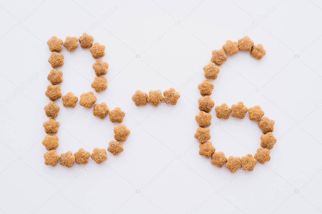 flat lay of word made of dry pet food isolated on white