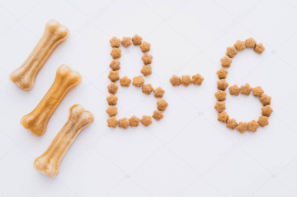 flat lay of word made of dry pet food near bone shaped pet treats isolated on white