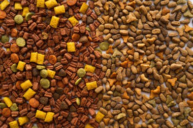 top view of dry pet food in different shapes as background  clipart
