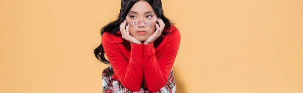 Junge Asiatische Frau Glitzerlook Auf Orangefarbenem Hintergrund Banner — Stockfoto