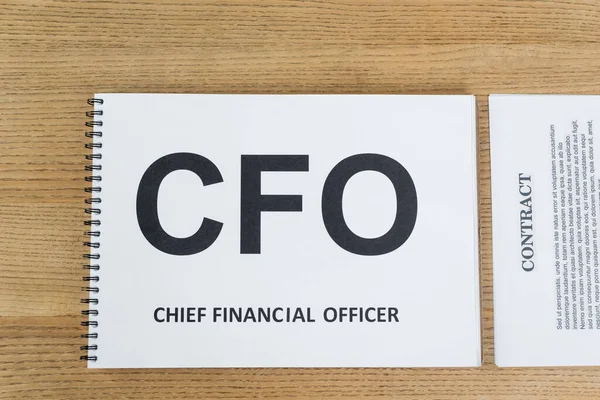 Top View Notebook Cfo Chief Financial Officer Lettering Contract Desk — Stock Photo, Image