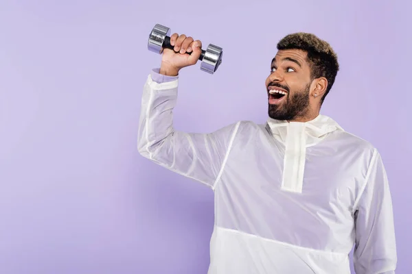 Excited African American Sportsman Exercising Dumbbell Isolated Purple — Stock Photo, Image