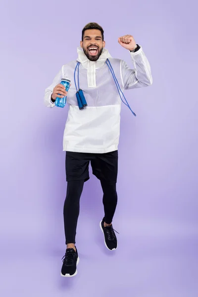 Full Length Excited African American Man Sportswear Levitating Holding Sports — Stock Photo, Image