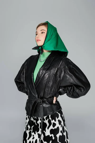 Young Woman Green Kerchief Black Leather Jacket Standing Hands Waist — Stock Photo, Image