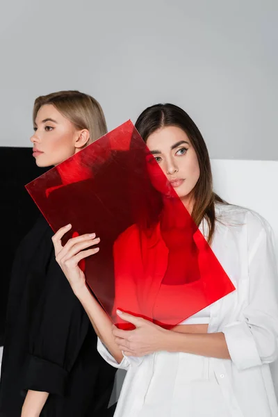 Brunette Woman Holding Red Glass Friend Grey Black White — Stock Photo, Image