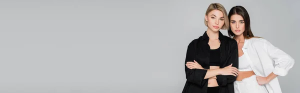 Femmes Élégantes Chemises Noires Blanches Regardant Caméra Isolée Sur Gris — Photo