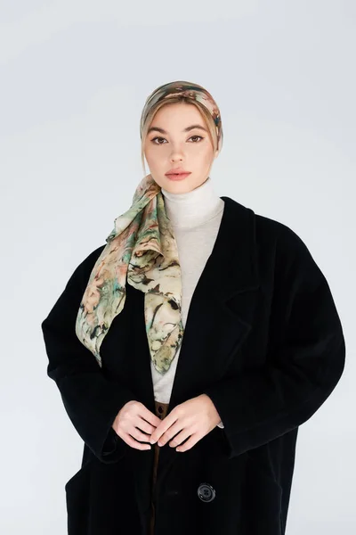 Pretty Woman Black Coat Stylish Headscarf Looking Camera Isolated Grey — Stock Photo, Image