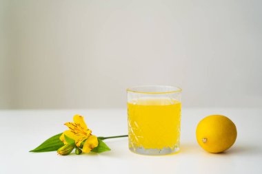 Limonun yanında bir bardak turunçgil suyu ve gri yüzeyde izole edilmiş sarı tropikal çiçek.