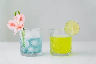 Gri üzerine izole edilmiş limon ve tropikal çiçekli buzlu tonik ve limonata.