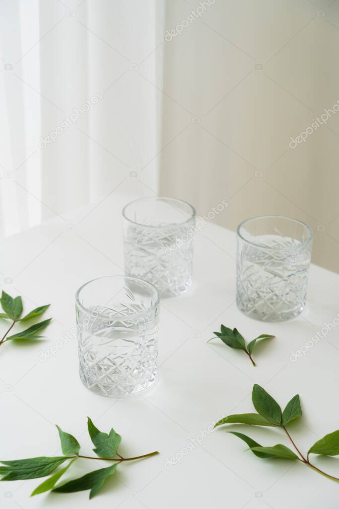 green leaves and crystal glasses with pure water on white tabletop and grey background